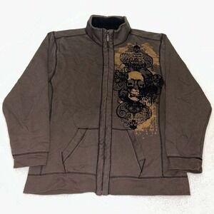 Vintage Y2K Retrofit Brown Skull Graphic Full Zip Jacket Grunge Men's Size 2XL